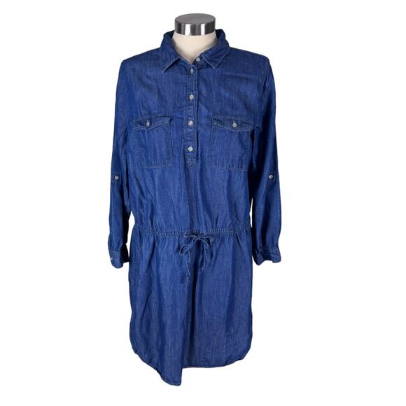 Gloria Vanderbilt M Blue Chambray Long Sleeve Tie Waist Dress Cotton Lyocell - Picture 1 of 6